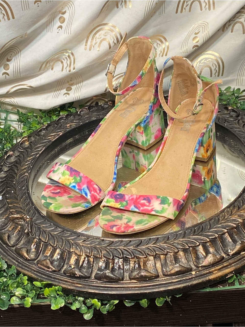 Brash Floral Multi-Color Block Heel Ankle-Strap Sandals